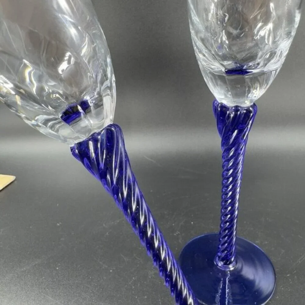 Italian Optic Swirl Glass Flutes Set 2 Cobalt Blue Twisted Stem Goblets Glasses‎